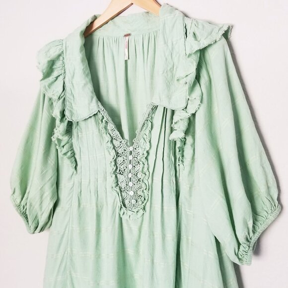 Free People Elora Pleated Ruffle Mini Dress L WindownpaneMermaid Tail Green $148 - Picture 8 of 14